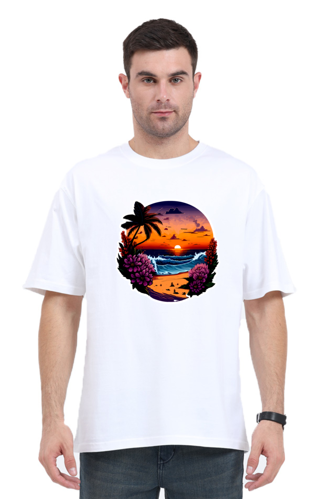 Oversized T-Shirt Bottle Green & White Sunset Beach