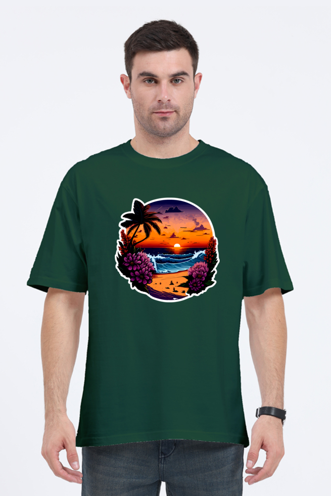 Oversized T-Shirt Bottle Green & White Sunset Beach